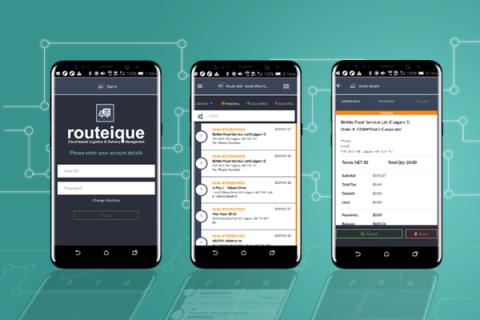 Three mobile phones with the Routeique apps displayed.